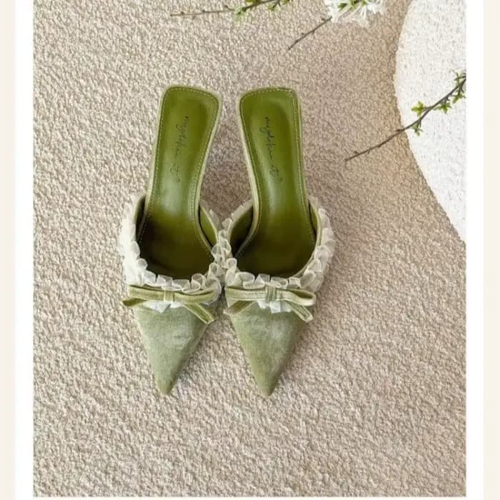 Baotou – Demi-chaussons à talons hauts en dentelle française et velours avec nœud