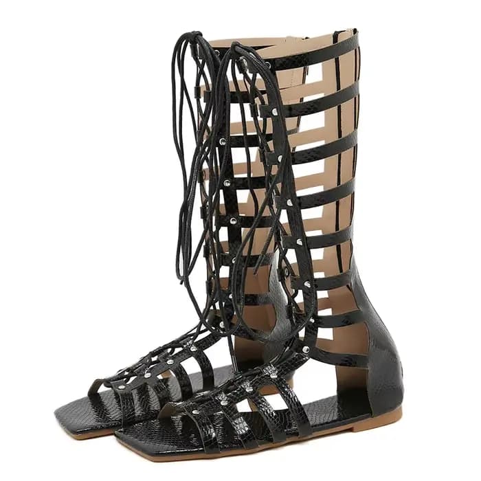 Aneikeh-Pantoufles d'été en PU Peep Parker pour femmes, sandales de fête, plates avec chaussures, bande étroite, fermeture éclair au genou