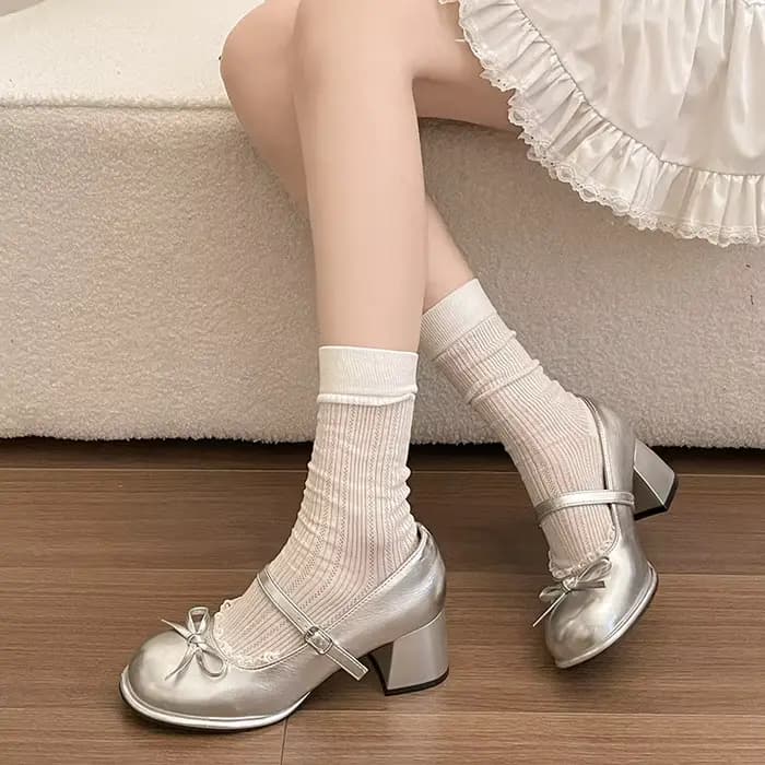 Chaussures Mary Jane rétro à talon épais et nœud papillon en dentelle pour femme