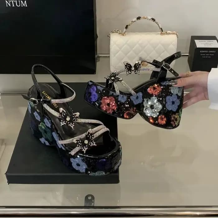 13cm Sandales à talons compensés Femme paillettes talon plate-forme chaussures été nœud ceinture