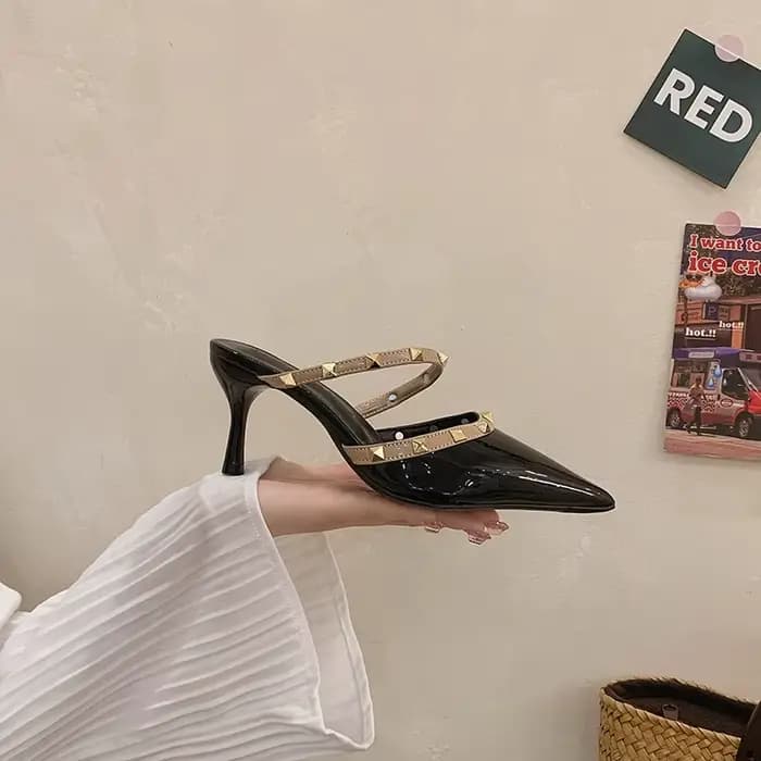 Mules à talons aiguilles pour femmes en cuir verni français