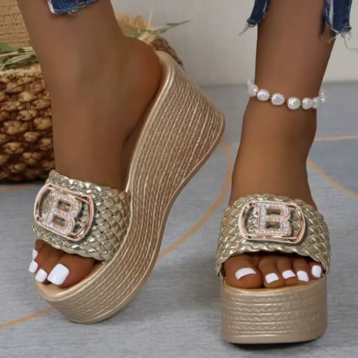 Femmes luxe décor sandales Super talons hauts or tissage compensées mode été décontracté en plein air plate-forme fête élégant Sexy 2025 nouveau