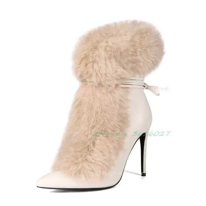 Bout pointu fourrure mi-mollet bottes talons aiguilles brides à la cheville mode chaussures chaudes en hiver solide en