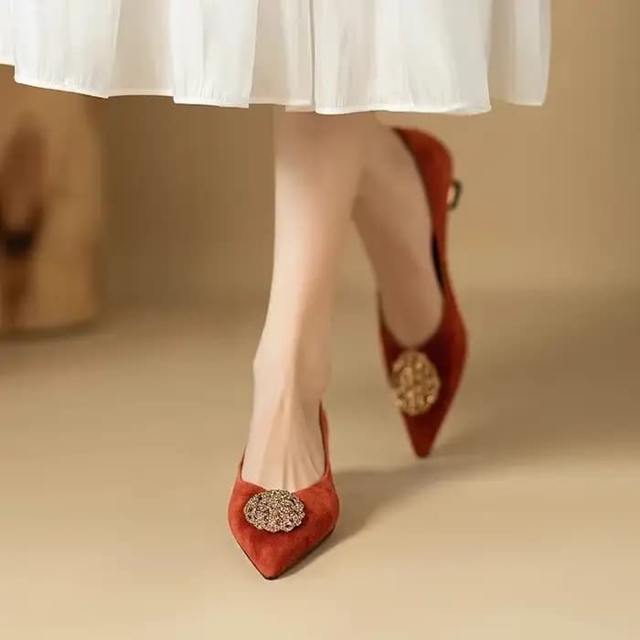 Printemps Design femmes bout pointu chaussures à talons mi-hauts élégant daim cuir banlieue pompes rétro français bureau et carrière chaussure de travail