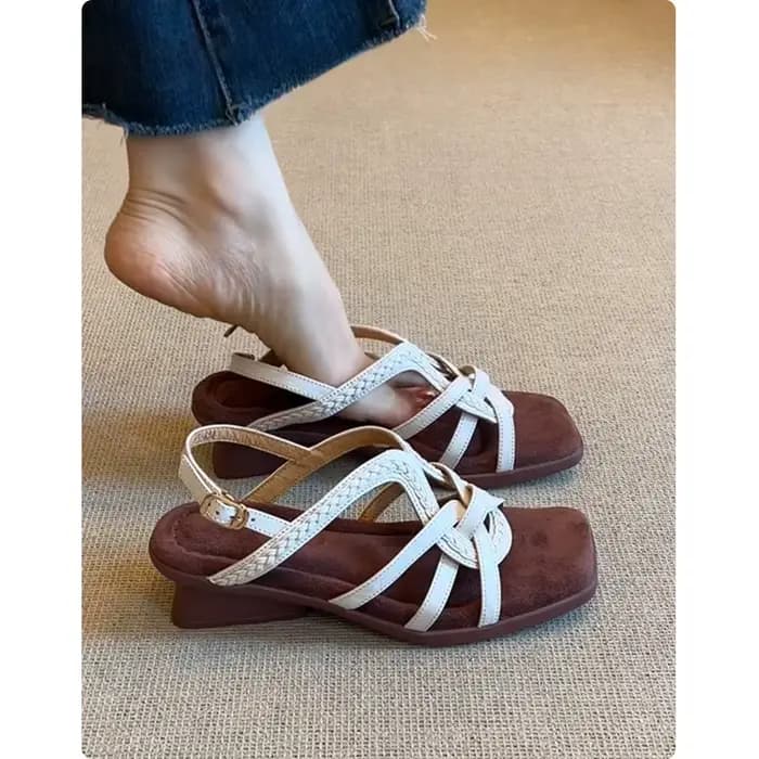 Sandales compensées vintage françaises en peau de mouton pour femme