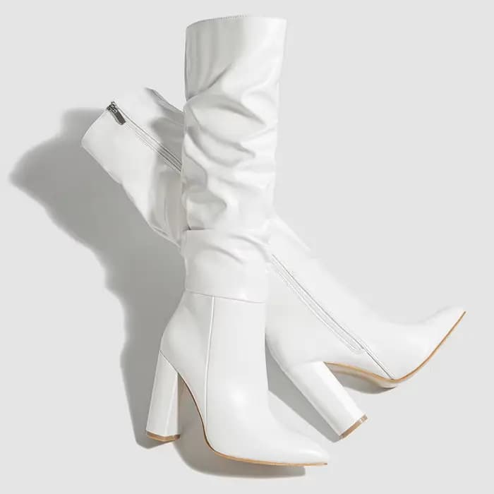 Bout pointu talon épais femmes bottes plissé côté fermeture éclair