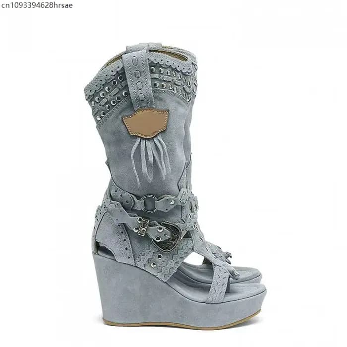 Sandales rétro pour femmes, marron, élégantes, à talon compensé moyen, style gothique, à boucle, bout ouvert, chaussures à talons hauts, bottes de fête et de cosplay