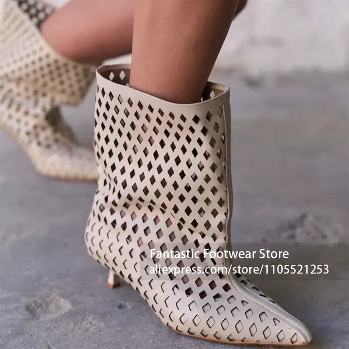 Bottines à bout pointu et découpes, sandales à talons aiguilles sculptés, bottines à enfiler faites à la main, bottes d'été tendance, talons hauts pour femmes