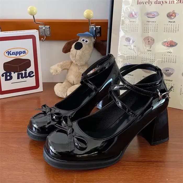 Rouge Mary Jane femmes pompes épais talons hauts chaussures femme Lolita bout carré