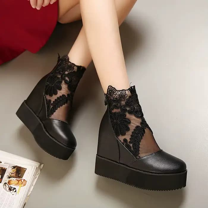 Super talons hauts été dentelle chaussures femme bout rond plate-forme sandales zip ouvert fleur maille compensées botas mujer creepers sandalias