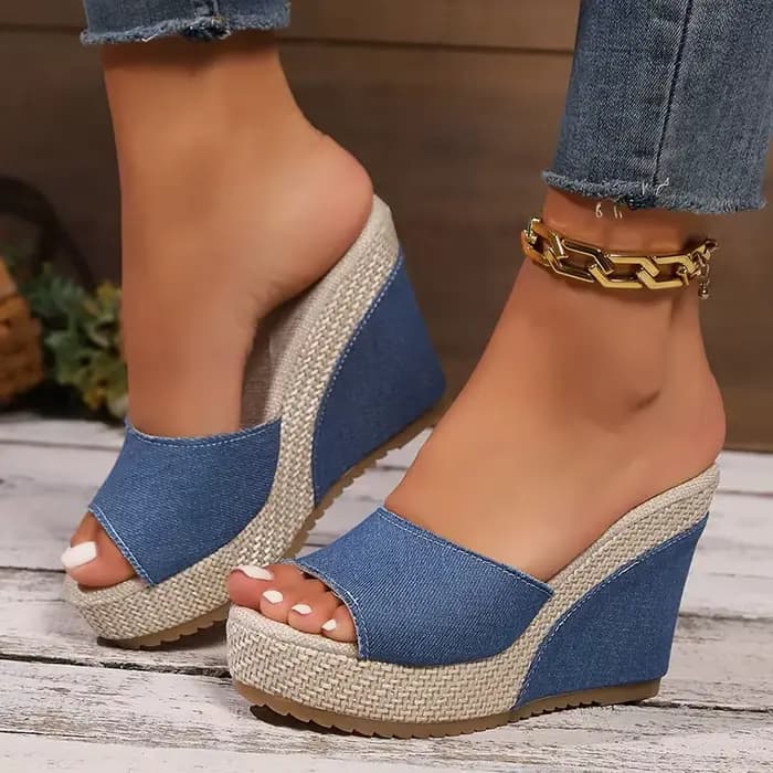 Sandales à talons compensés en Denim bleu pour femmes, pantoufles à plateforme épaisse et bout ouvert, confortables, semelle épaisse, diapositives de plage, été 2025
