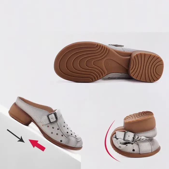 Nouvelles sandales à talons bas en cuir de vache femmes évider mules chaussures femme boucle sangle pantoufle