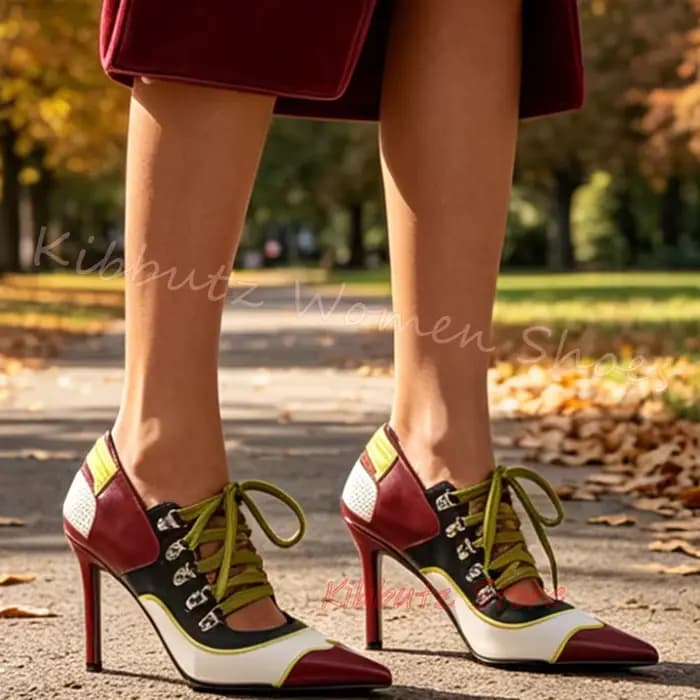 Escarpins à talons hauts pour femmes, style rétro, color block, à lacets, bout pointu, découpés, vintage, pour soirée, mariage, chaussures de cérémonie, mode sexy