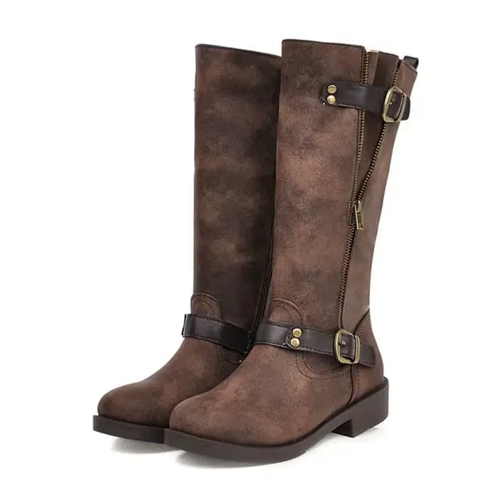 Bottes mi-mollet pour femmes bout rond talons épais fermeture éclair intérieure printemps automne hiver mode dames noir marron plate-forme botte longue D-52