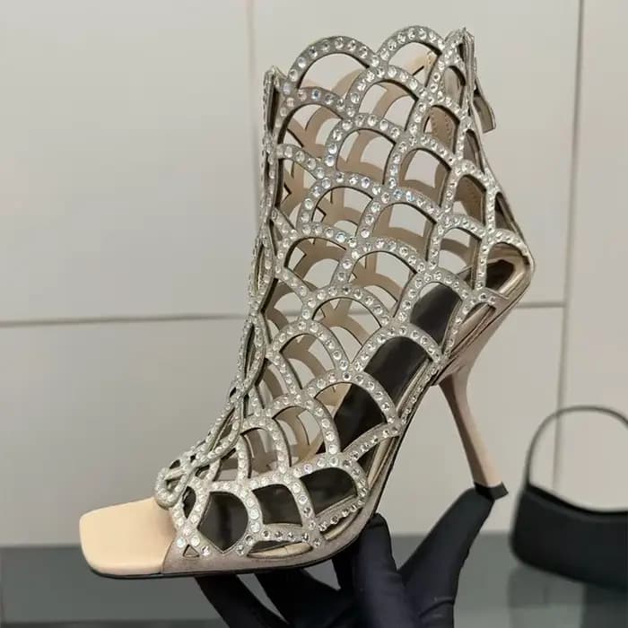 Sandales à talons hauts et fins en cristal brillant pour femmes, bottes ajourées à bout ouvert avec strass scintillants, chaussures de robe de Banquet pour printemps et été