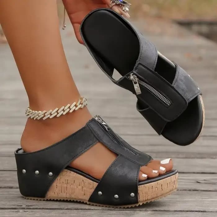 Mules compensées pour femmes à bout ouvert, plateforme, talon haut, fermeture éclair, dessus texturé, détails cloutés, style décontracté, pour l'été et le quotidien, à enfiler