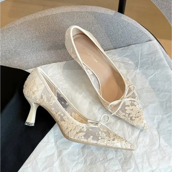 Escarpins Femme Printemps 2026 Nouveauté Dentelle Bout Pointu Nœud Maille Talon Fin Bouche Légère Couleur Unie