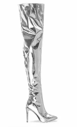 Bottes longues à talons hauts pointus sexy pour femmes, style street style, soirée, défilé, boîte de nuit, surface miroir, brillance éclatante