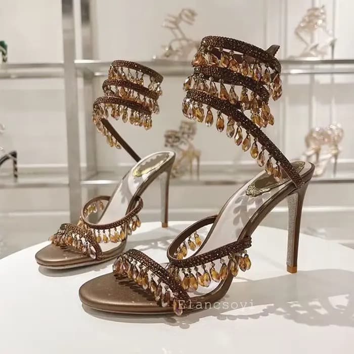 Chaussures de mariage femmes Bling cristal chaîne perle décor Sandalias serpent en forme d'enroulement mince talons