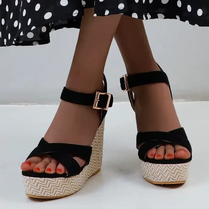 Sandales à talons compensés pour femmes, tongs de gladiateur à plateforme et talons hauts, chaussures de soirée tricotées noires et roses, grande taille 45, été 2026