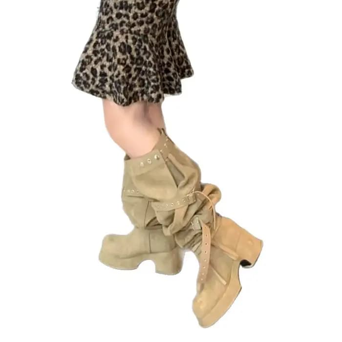 Bottes hautes à talon épais kaki pour femme