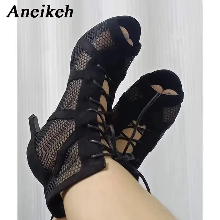 Aneikeh 7CM talon moyen danse évider bride à la cheville sandales bottes 2025 mode été à lacets croisé Peep orteil dame chaussures