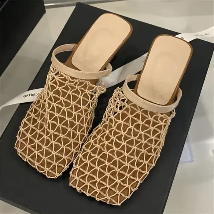 Eilyken Design respirant maille Mule pantoufles femme pompes élégant bout carré étrange talons bas fête dames chaussures coulissantes