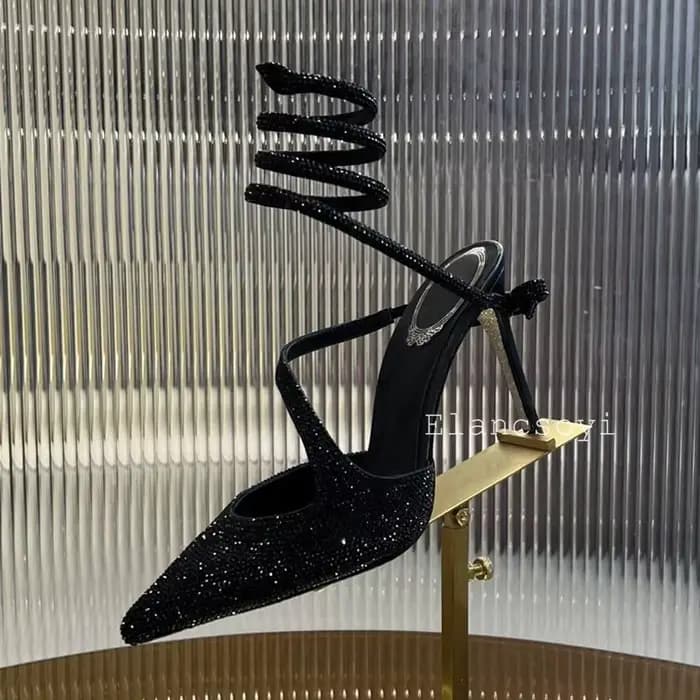 Bout pointu talons hauts femmes brillant cristal décor cheville serpent en forme enroulement chaussures de fête