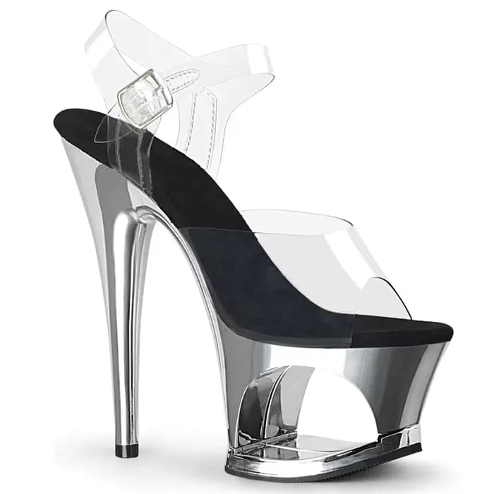 MCLUBGIRL Sandales à talons aiguilles de 17 cm de haut pour femme – Chaussures creuses galvanisées incrustées de