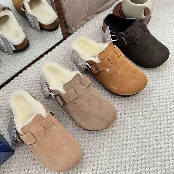 Mules et sabots en cuir suédé doublés de fourrure pour femmes et hommes