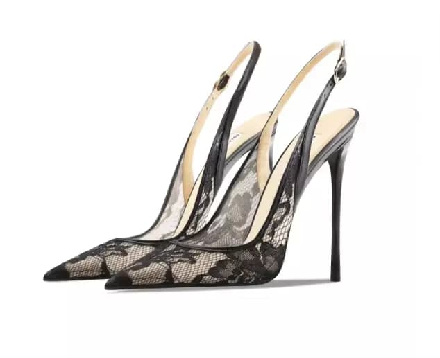 Sandales à talons hauts en dentelle noire à bout pointu