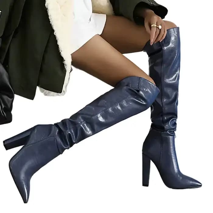 Cuissardes hautes femmes marine marron gris couleur bout pointu Sexy hiver talons hauts motif plissé sur le genou bottes longues 225
