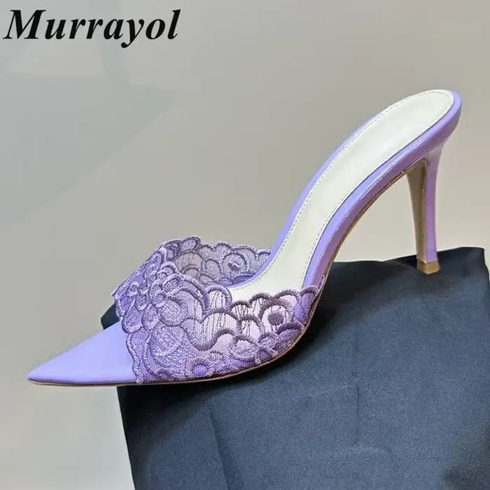 Nouveau Design de broderie en dentelle bout ouvert mince talons hauts pantoufles femmes