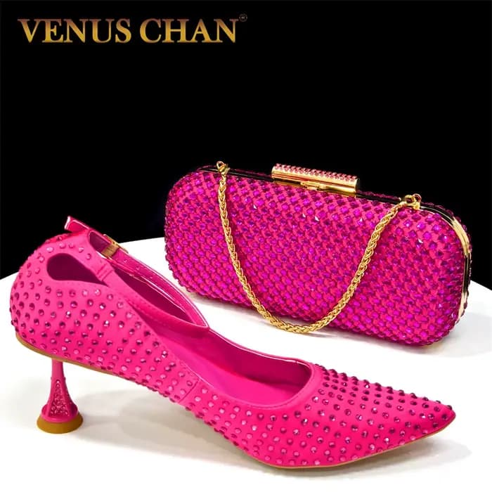 Ensemble élégant talons et sac à main fuchsia pour femme 2026 – Chaussures ornées de strass magnifiques pour mariages et événements spéciaux