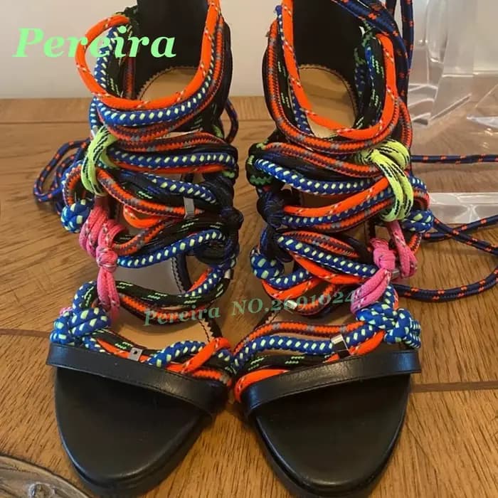 Sandales multicolores à lacets en corde tressée