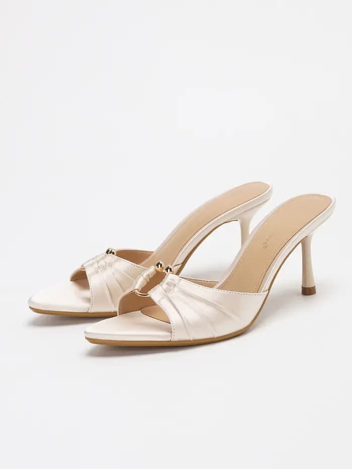 Sandales mules élégantes en satin froncé à boucle métallique et talon aiguille pour femme - Parfaites à porter avec des robes