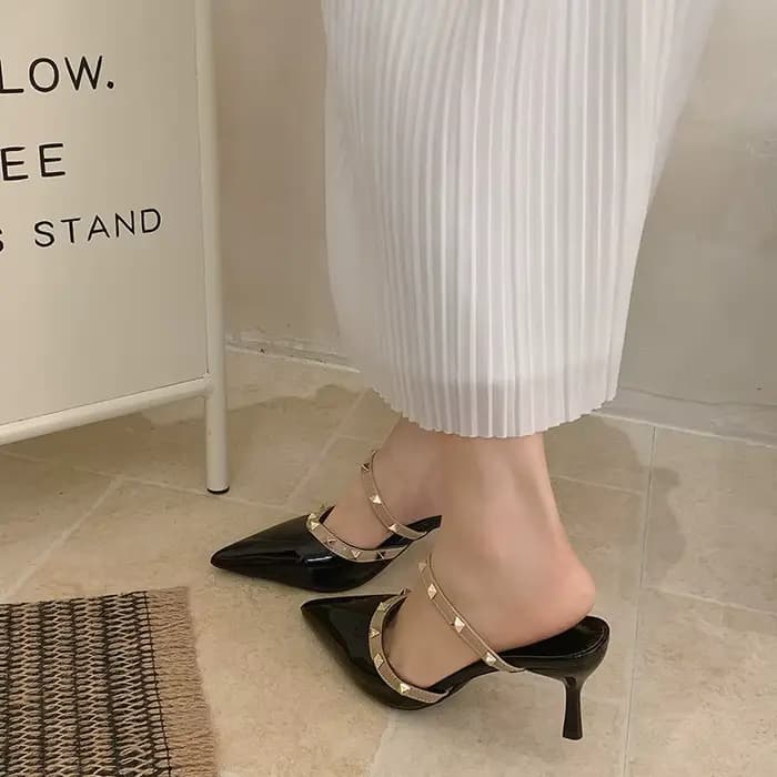 Mules à talons aiguilles pour femmes en cuir verni français
