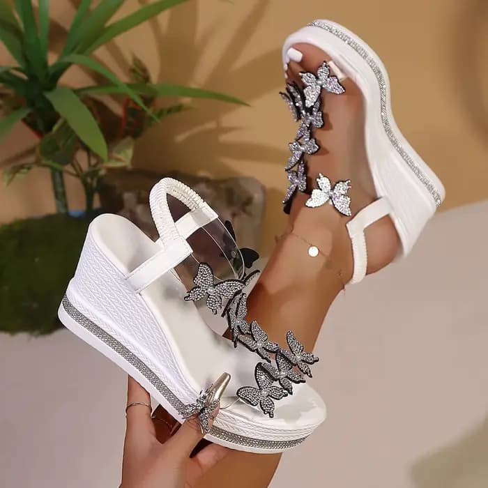 Sandales à talons hauts pour femmes, plateforme, sandales papillon à la mode, décoration strass, chaussures populaires parmi les orteils pour femmes