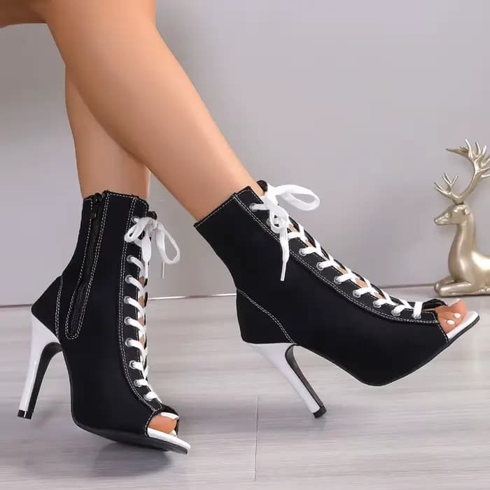 Bottines à plateforme en toile de qualité, sexy, à talon haut, à lacets et fermeture éclair, style stiletto, pour femme, bout rond, chaussures décontractées