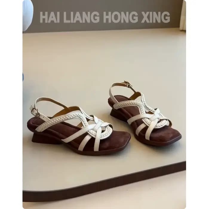 Sandales compensées vintage françaises en peau de mouton pour femme