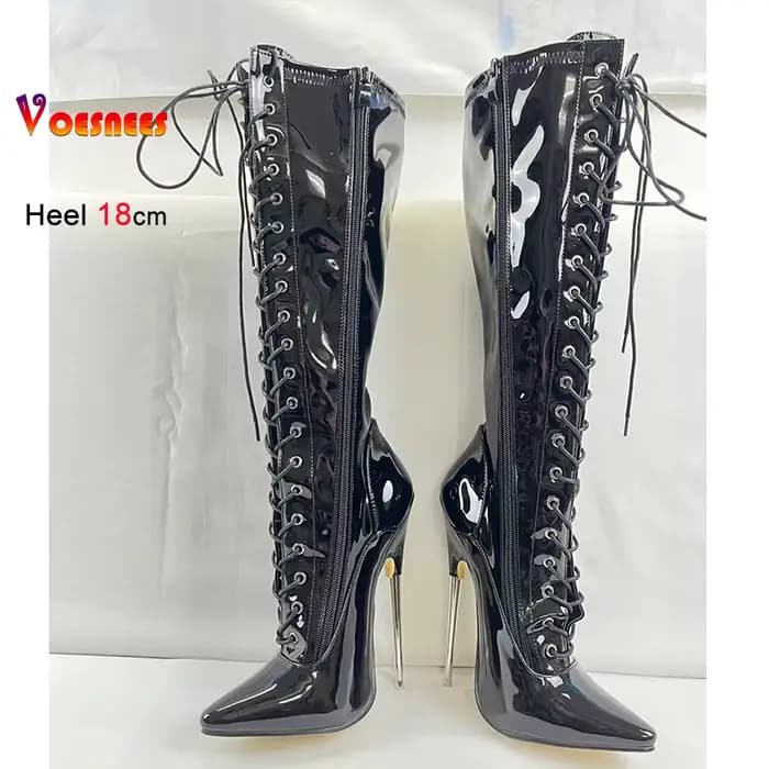 Noir 18 cm talon en métal genou haute femmes bottes boîte de nuit scène bout pointu pôle chaussures de danse en cuir verni dame talons couleur personnalisée