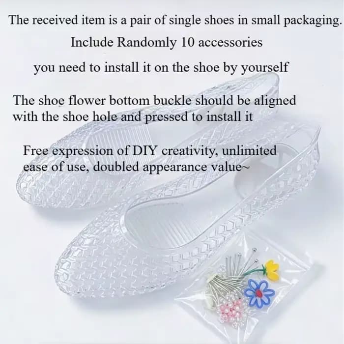 Sandales à bout pointu en gelée de cristal, décorations DIY, chaussures plates ajourées à fleurs séchées et paillettes, mode décontractée pour la plage et les vacances