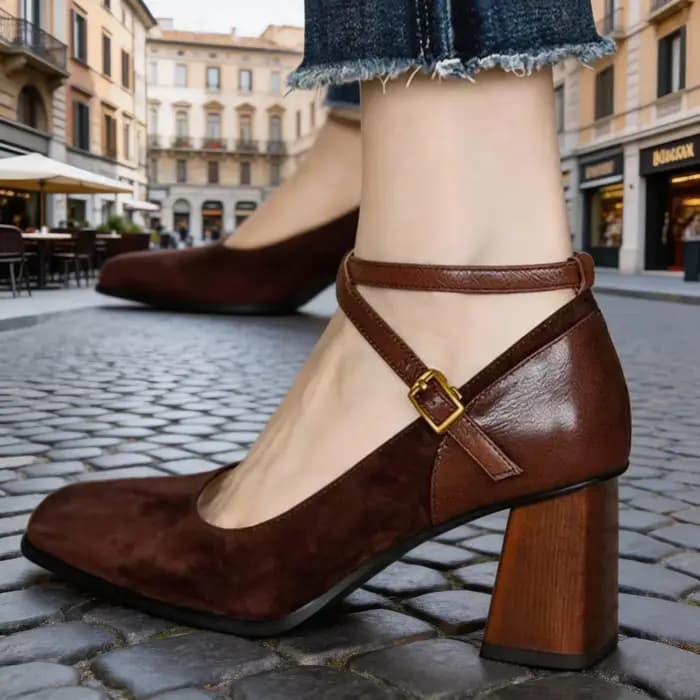 Chaussures à talons hauts, chaussures à plateforme tendance avec bride à la cheville, chaussures de soirée en daim marron à talon carré pour femmes 524