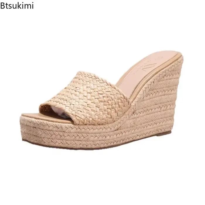 Sandales compensées en corde de chanvre pour femme 2026, à semelle épaisse, en paille tressée, à bride unique, imperméables, plateforme, talons hauts, pour l'été