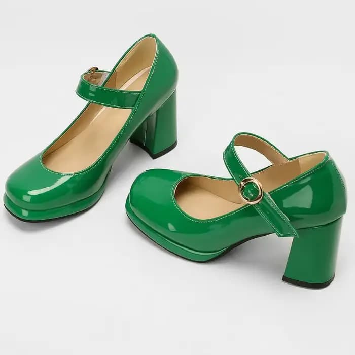 PU cuir verni vert bleu marine bout fermé dames matures pompes de bureau boucle sangle Vintage femmes Mary Janes chaussures bloc talons