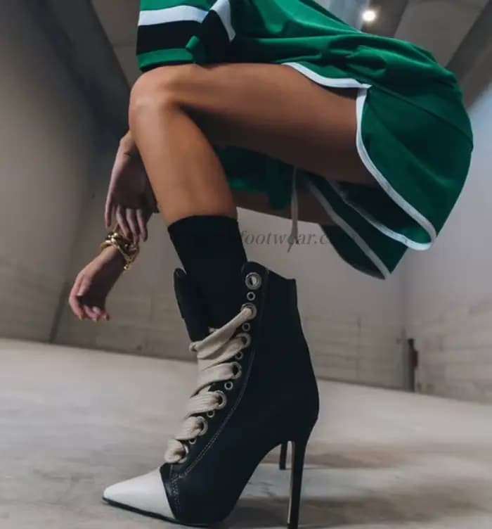 Bottines à bout pointu en daim chic, talons aiguilles, lacets colorés, cuir, grandes tailles, chaussures de luxe pour femmes, talons hauts sexy marron.
