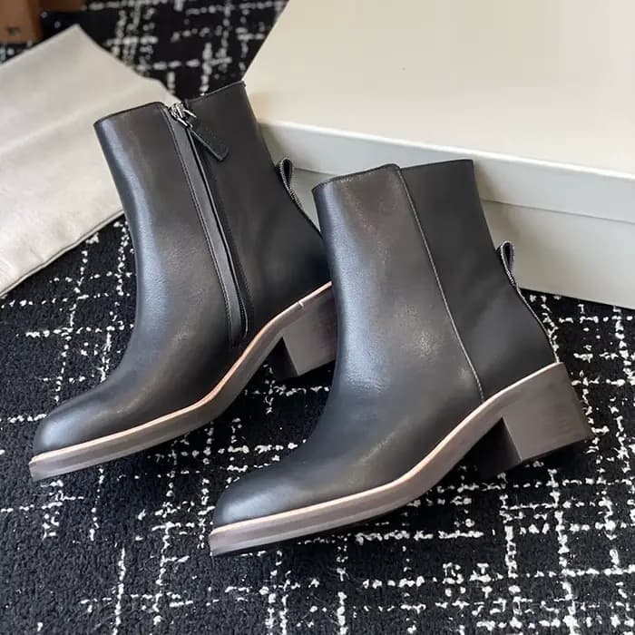 Femmes gros talon haut bottes courtes en cuir véritable bout rond fermeture éclair conception cheville Botas dames