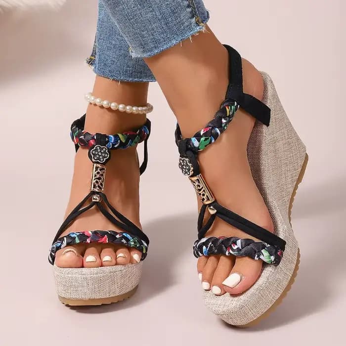 Sandales compensées bohèmes 2026 – Nouvelle collection été – Chaussures décontractées d'extérieur de créateur pour femme – Sandales à plateforme à bout ouvert avec bande élastique