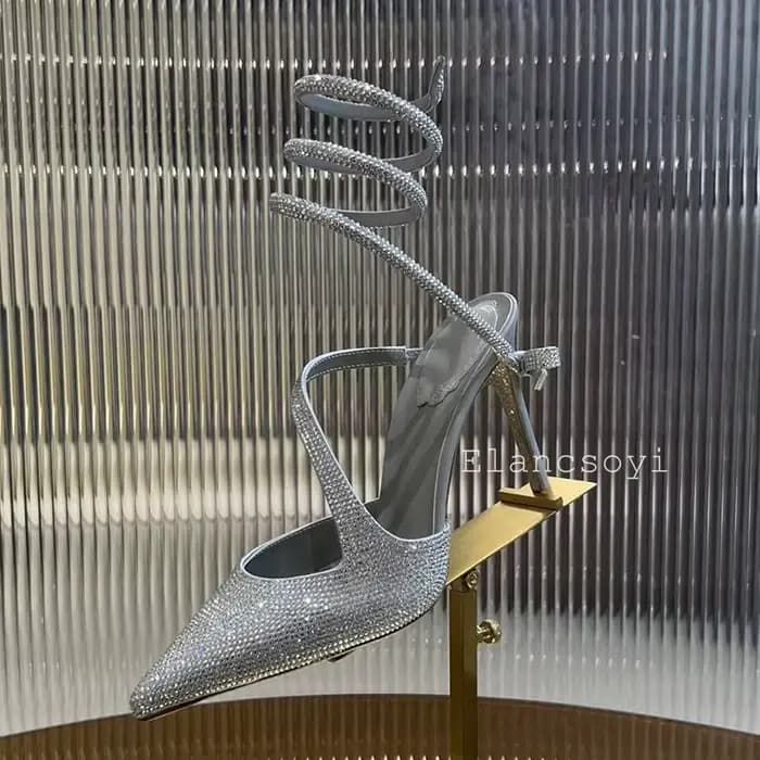 Bout pointu talons hauts femmes brillant cristal décor cheville serpent en forme enroulement chaussures de fête