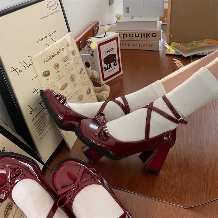 Rouge Mary Jane femmes pompes épais talons hauts chaussures femme Lolita bout carré